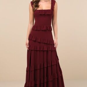 Lulus Compelling Romantic Burgundy Ruffled Tiered Maxi Dress - Size M